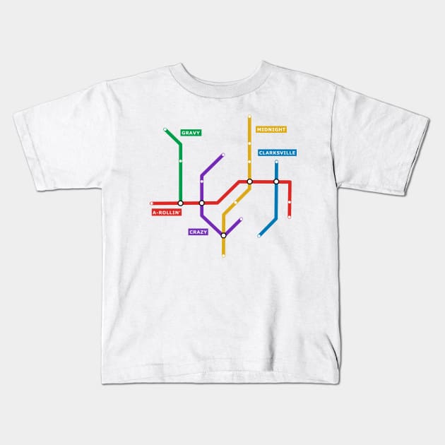 Rock And Roll Train Station Map Kids T-Shirt by gslagel